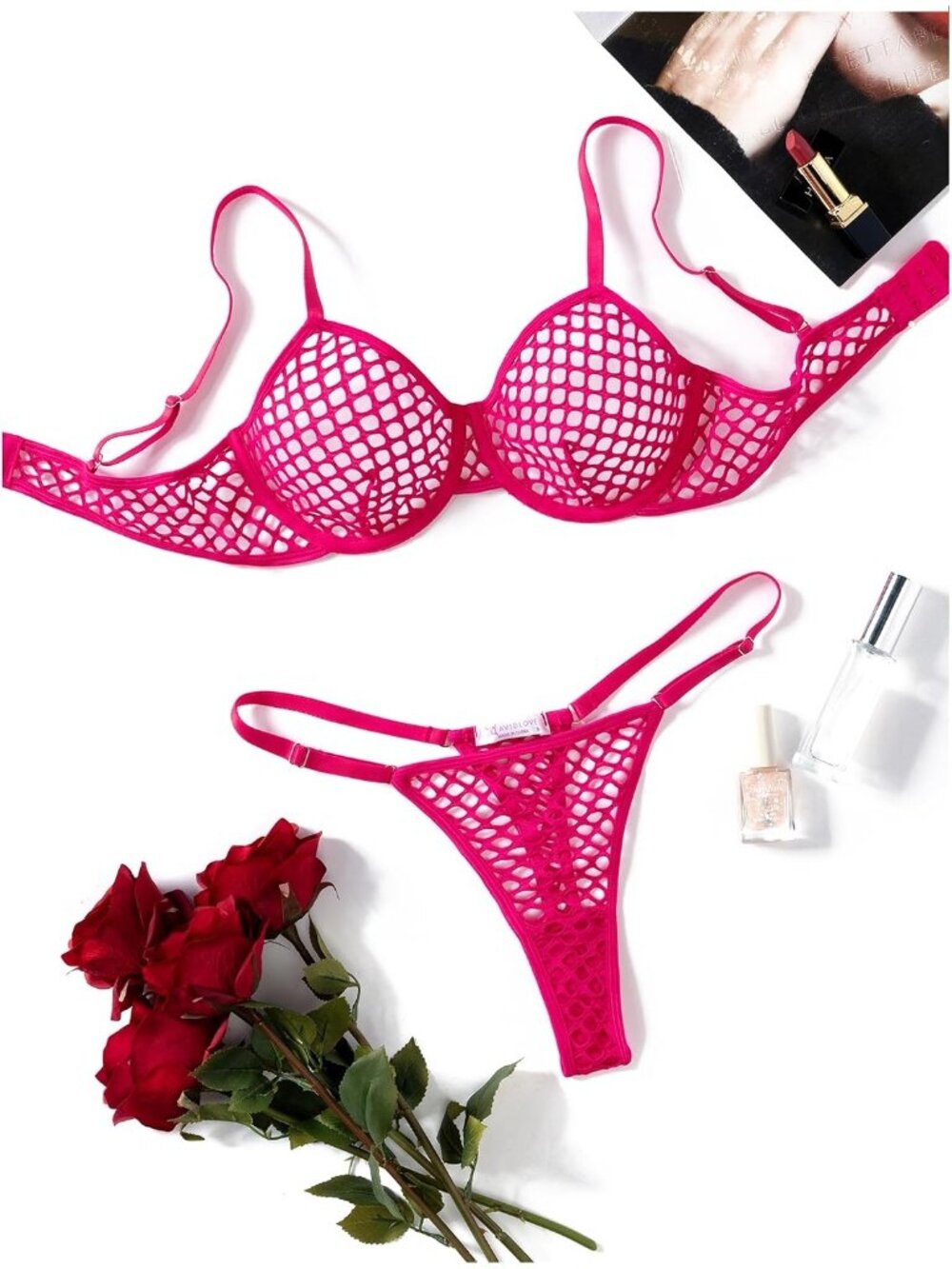 Women's Pink Adjustable Strap Fishnet Push Up Bra & Thong Underwear 2 Piece Set